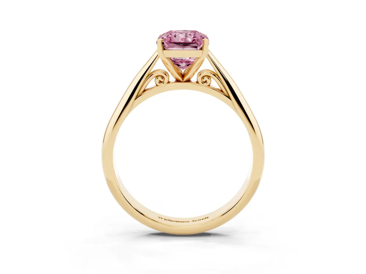 Fancy Pink Radiant Cut Diamond Solitaire Engagement Ring with Cathedral Setting and Four-Prong Mount Yellow gold