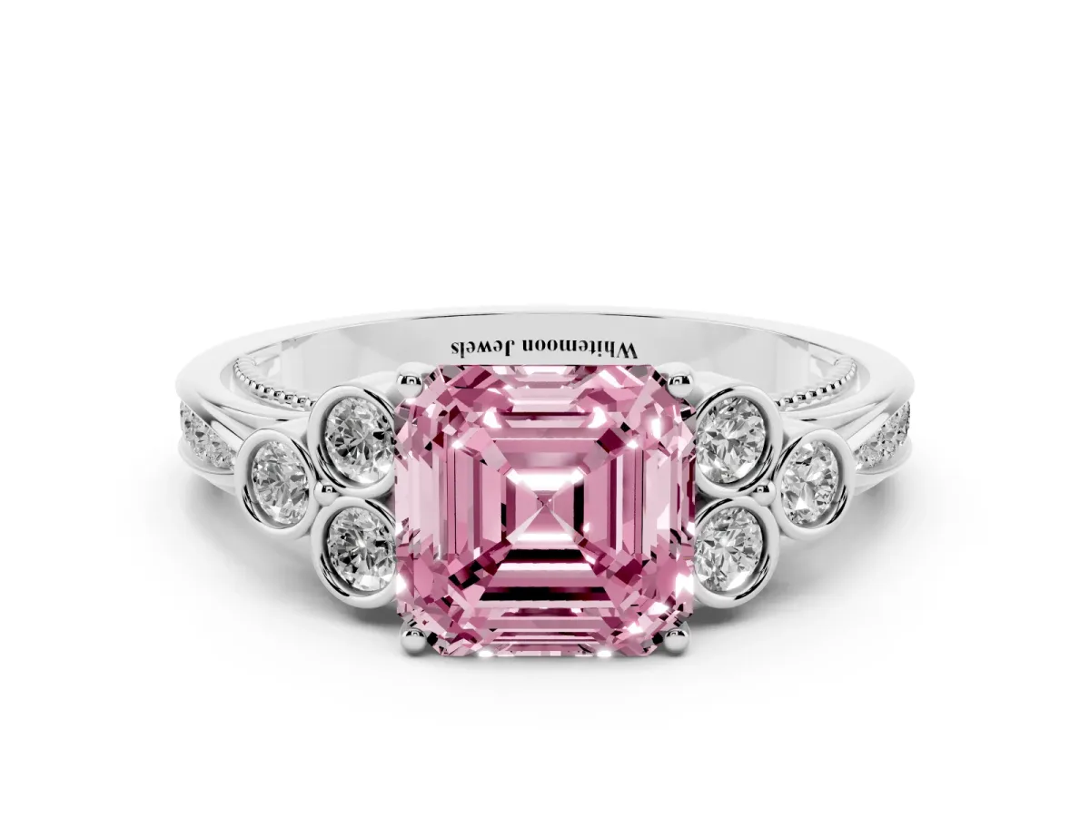 Fancy Pink Asscher Cut Cut Diamond Engagement Ring with Bezel Set Round Side Stones and Prong Setting Platinum