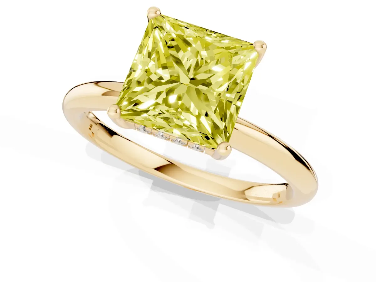 Fancy Yellow Princess Cut Cut Solitaire Engagement Ring with Four-Prong Setting and Classic Band Yellow gold
