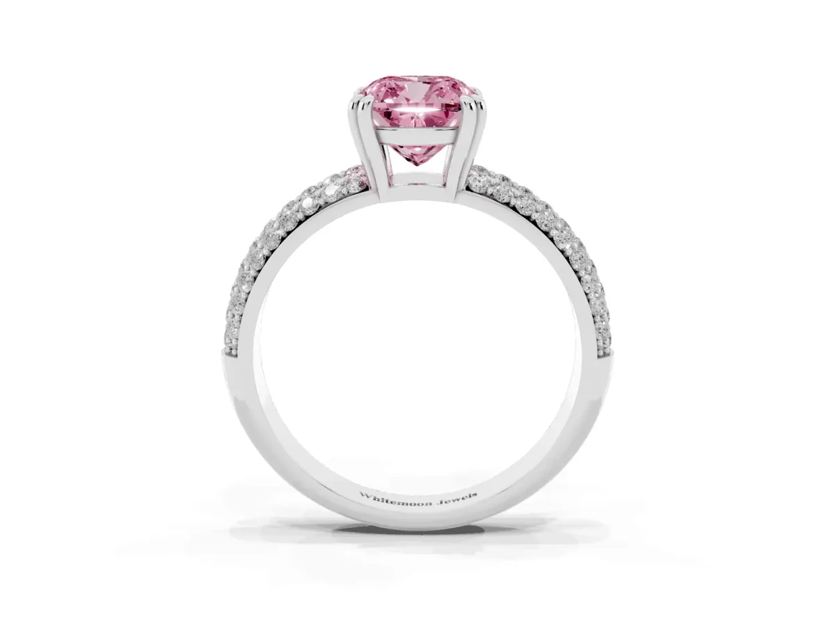 Fancy Pink Cushion Cut Diamond Solitaire Ring with Multi-Row Round Pavé Band and Prong Setting Silver