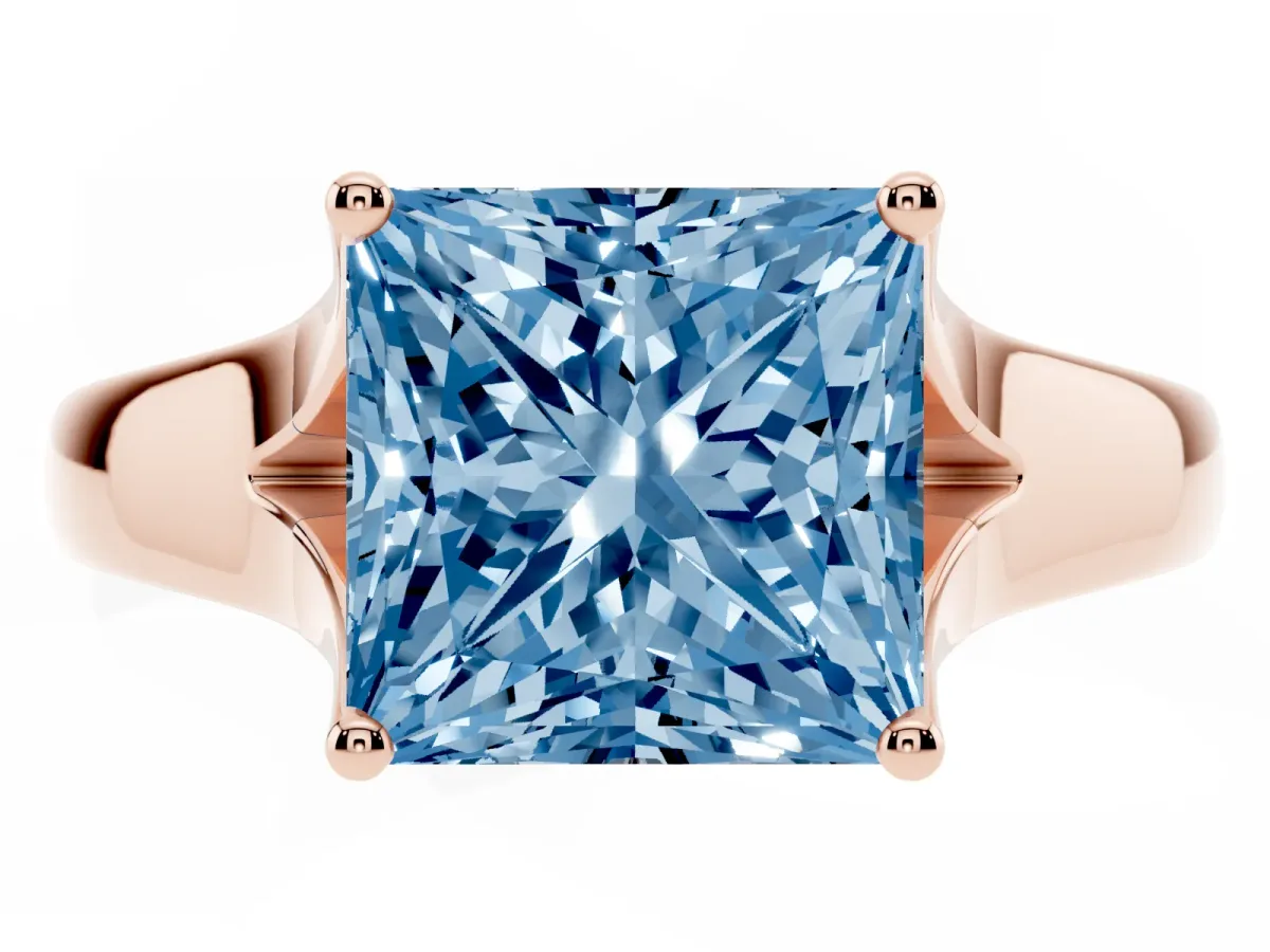 Fancy Blue Princess Cut Solitaire Diamond Ring with Cathedral Band and Four-Prong Setting Rose gold