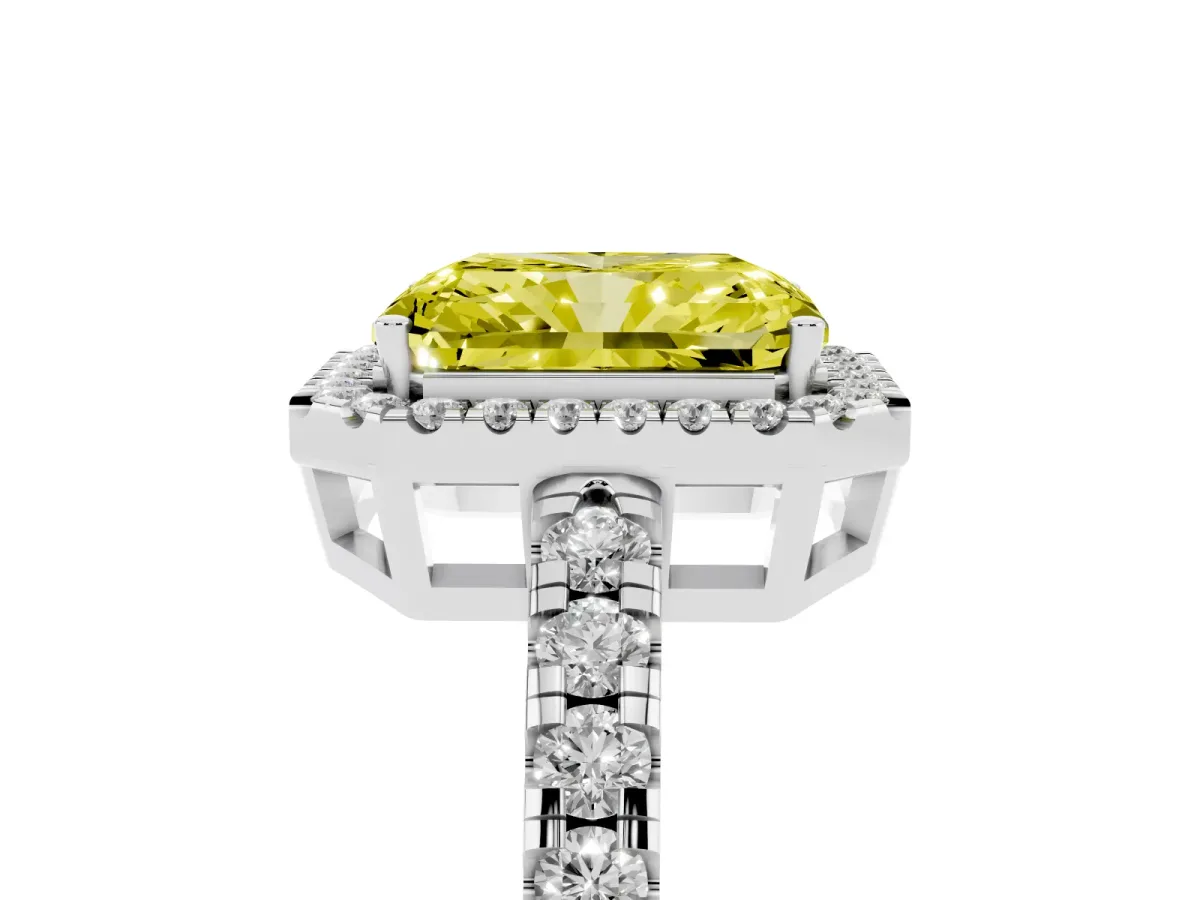 Fancy Yellow Radiant Cut Diamond Halo Ring with Pavé Band and Four-Prong Setting White gold