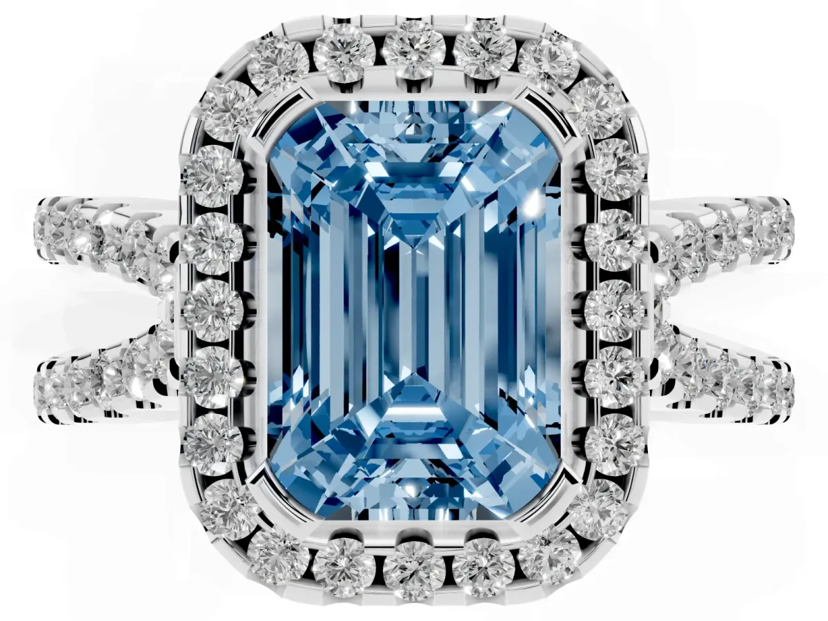 Fancy Blue Emerald Cut Diamond Halo Ring with Split Shank Pavé Band and Prong Setting Silver