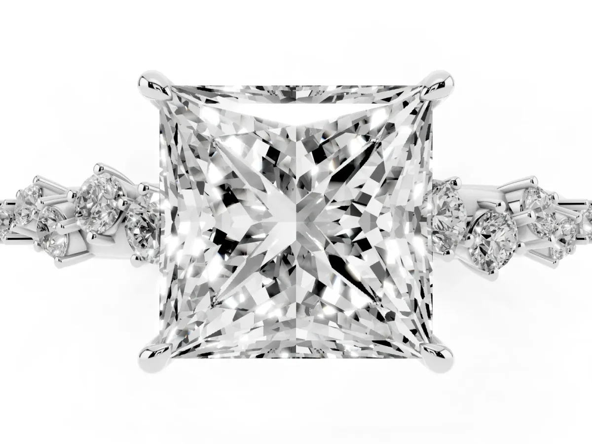 Princess Cut Diamond Cluster Side Stone Solitaire Ring with Prong Setting Silver