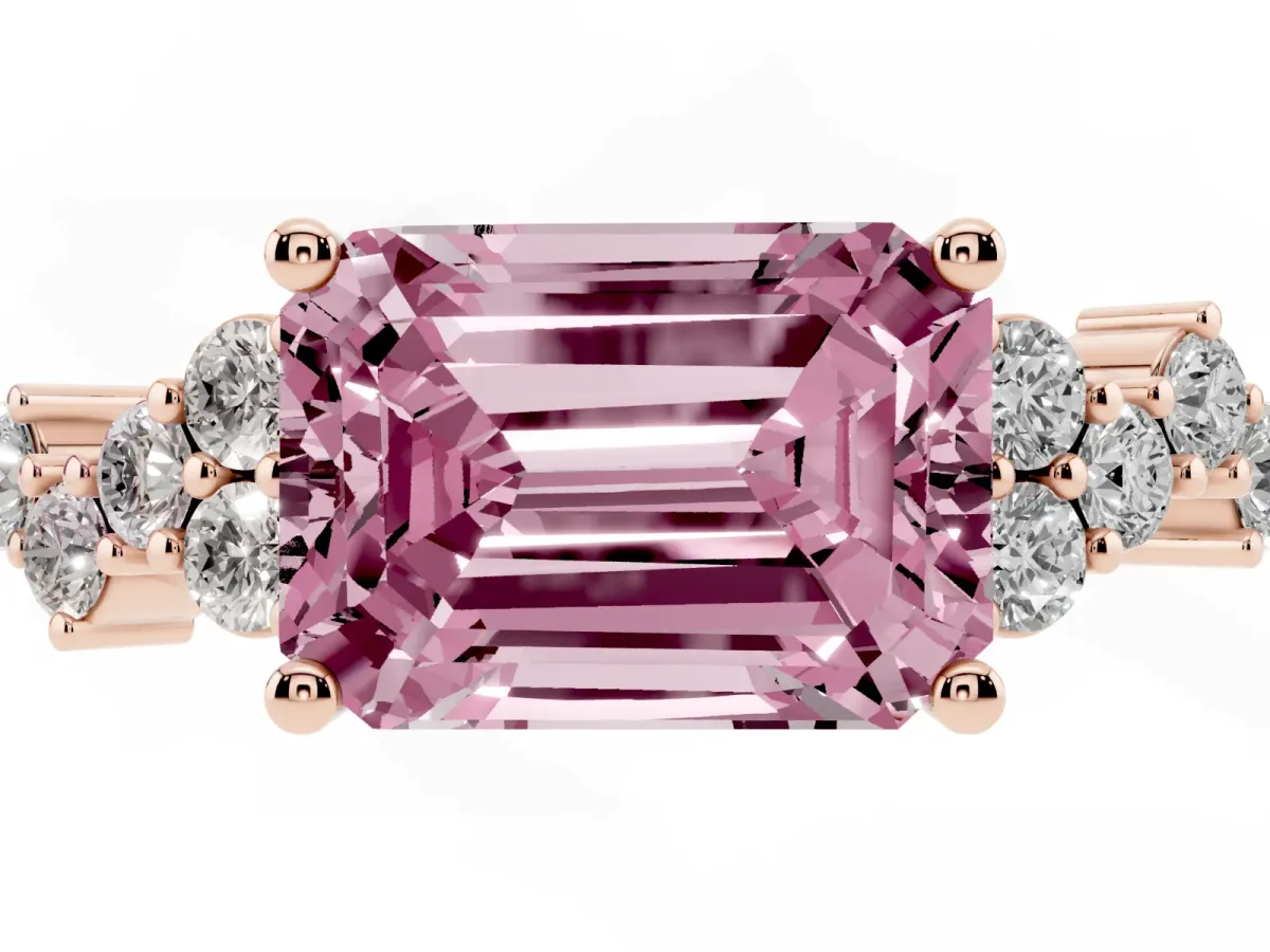 Fancy Pink Emerald Cut Diamond Scattered Round Accent Ring with Prong Setting Rose gold
