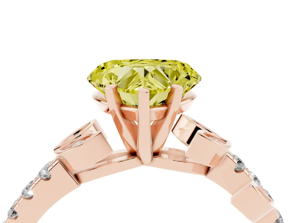 Fancy Yellow Heart Cut Solitaire Leaf-Inspired Diamond Ring with Pavé Band and Four-Prong Setting Rose gold