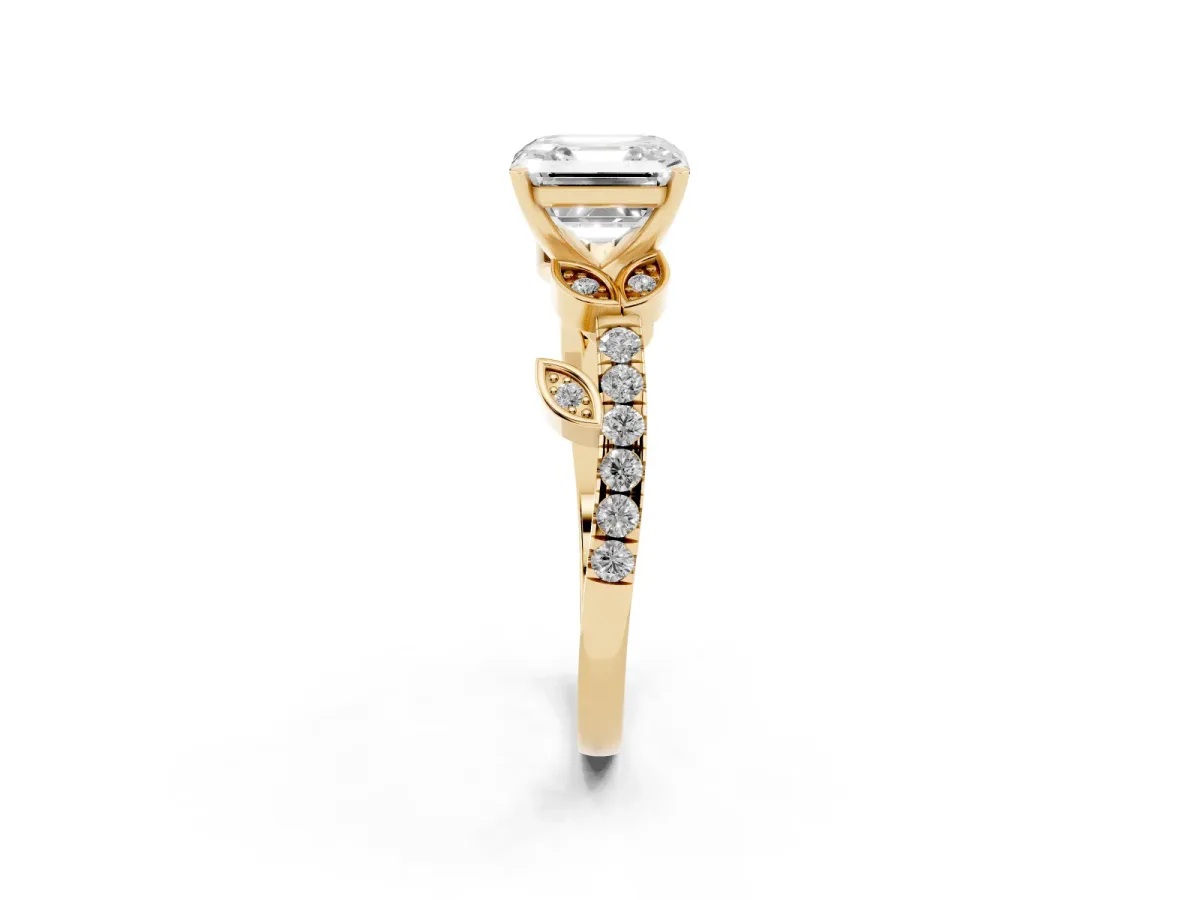 Asscher Cut Solitaire Leaf-Inspired Diamond Ring with Pavé Band and Four-Prong Setting Yellow gold