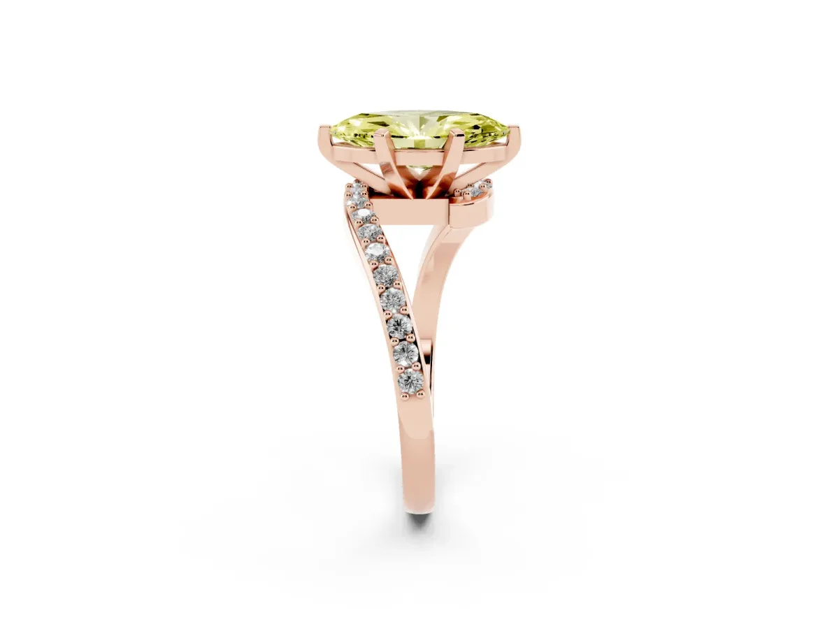 Fancy Yellow Marquise Cut Solitaire Twist Band with Pave Set Diamonds and Four-Prong Setting Rose gold