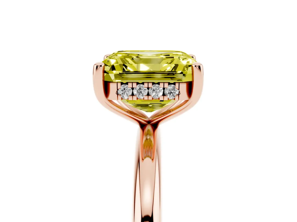Fancy Yellow Asscher Cut Cut Solitaire Engagement Ring with Four-Prong Setting and Classic Band Rose gold