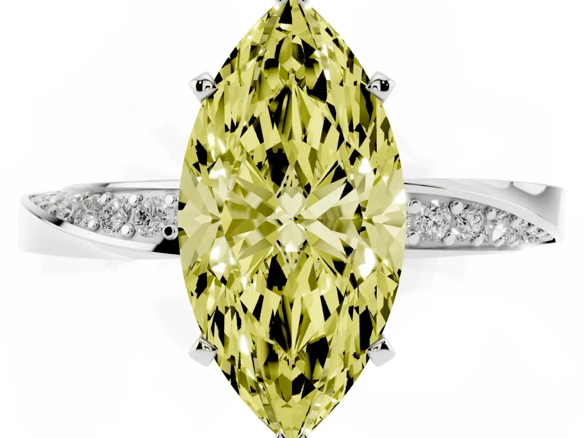 Fancy Yellow Marquise Cut Diamond Engagement Ring with Side Stone Accents and Four-Prong Setting Silver