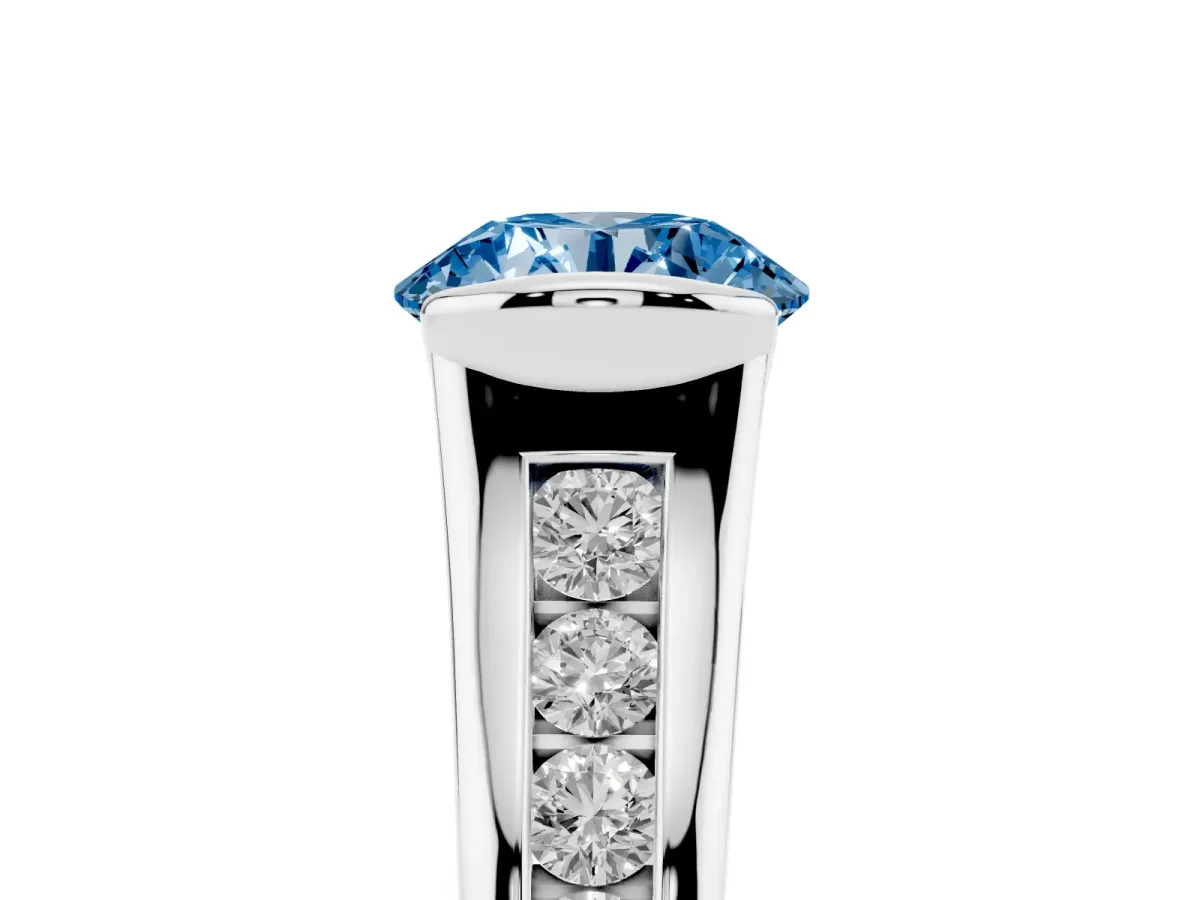 Fancy Blue Round Cut Solitaire Bezel-Set Diamond Ring with Channel-Set Band Platinum