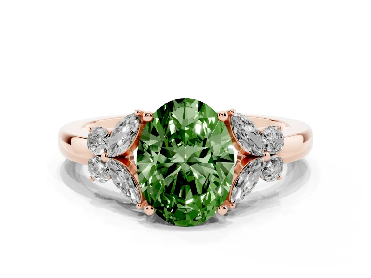 Fancy Green Oval Cut Cut Solitaire Floral Diamond Ring with Four-Prong Setting Rose gold