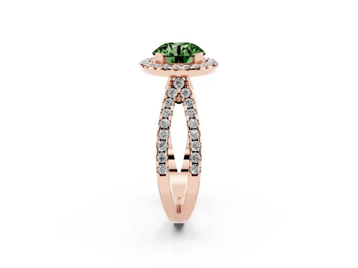 Fancy Green Round Cut Diamond Halo Ring with Split Shank Pavé Band and Prong Setting Rose gold