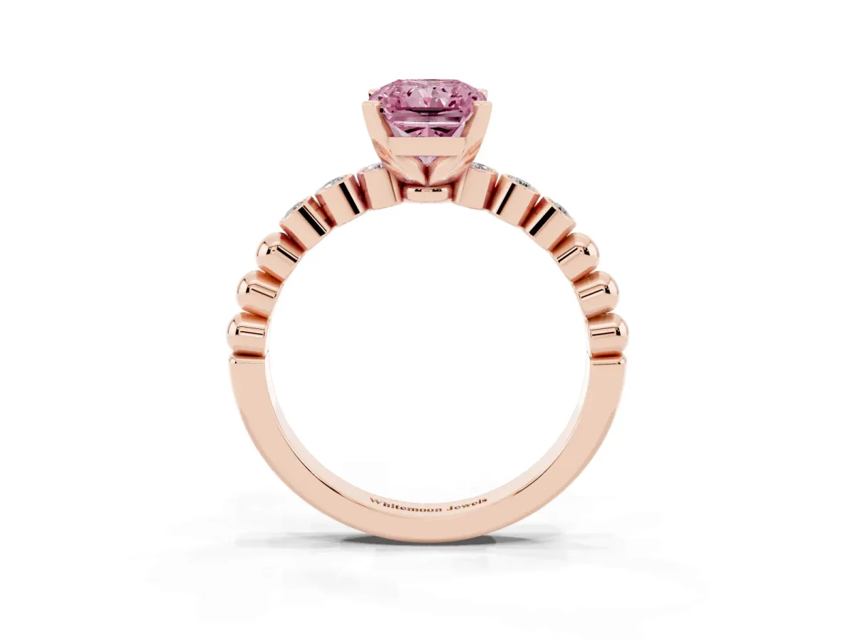 Fancy Pink Radiant Cut Solitaire Bezel Accent Diamond Engagement Ring with Beaded Band and Four-Prong Setting Rose gold