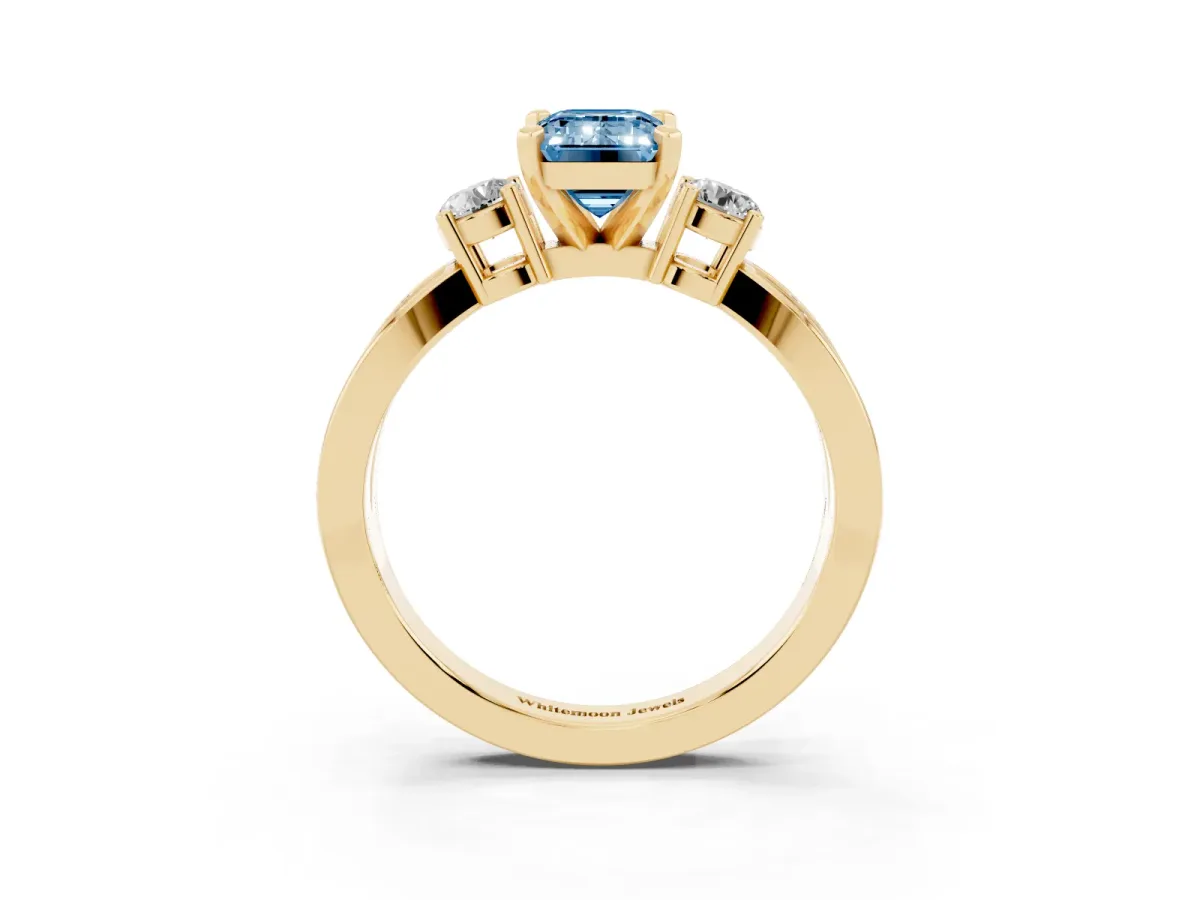 Fancy Blue Three-Stone Emerald Cut Cut Diamond Twist Band with Prong Setting Yellow gold