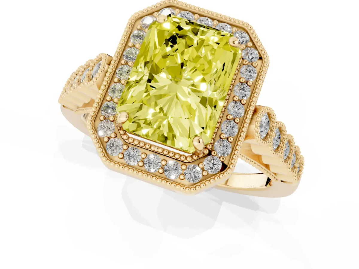Fancy Yellow Radiant Cut Halo Milgrain Solitaire with Bezel Set Side Stones and Pave Band Yellow gold
