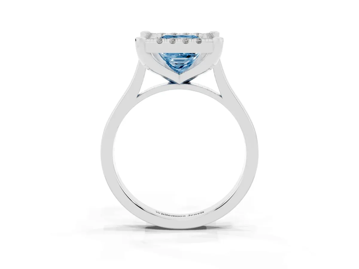 Fancy Blue Princess Cut Diamond Cluster Halo Solitaire with Four-Prong Setting Silver