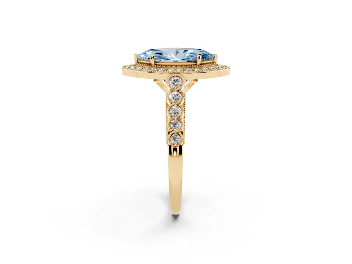 Fancy Blue Marquise Cut Halo Milgrain Solitaire with Bezel Set Side Stones and Pave Band Yellow gold
