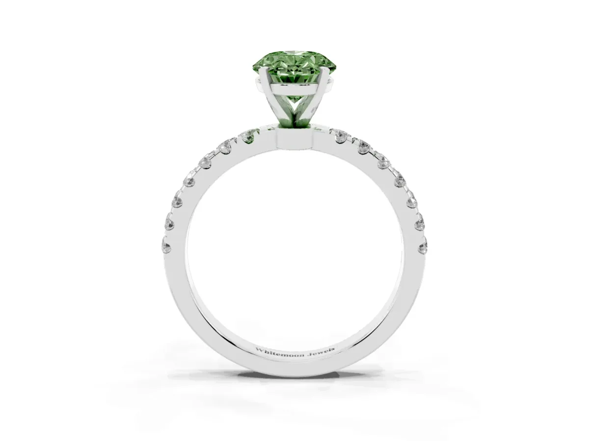 Fancy Green Oval Cut Diamond Solitaire Ring with Pavé Accents and Four-Prong Setting Platinum