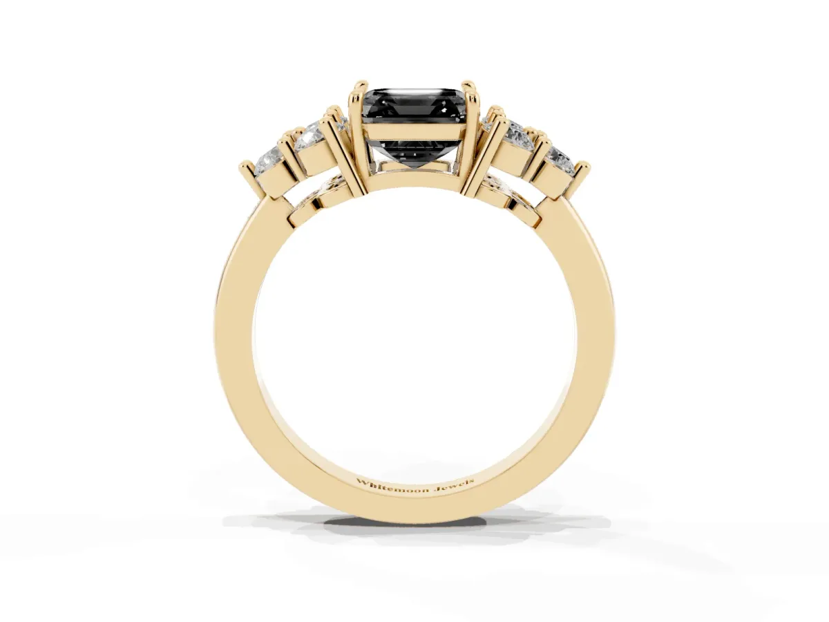 Fancy Black Asscher Cut Brilliant Diamond Cluster Accent Solitaire Ring with Prong Setting Yellow gold