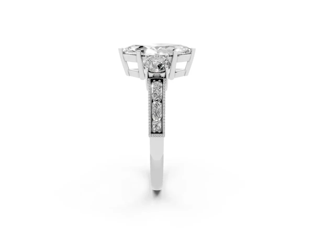 Marquise Cut Three-Stone Diamond Ring with Pavé Band and Four-Prong Setting Silver