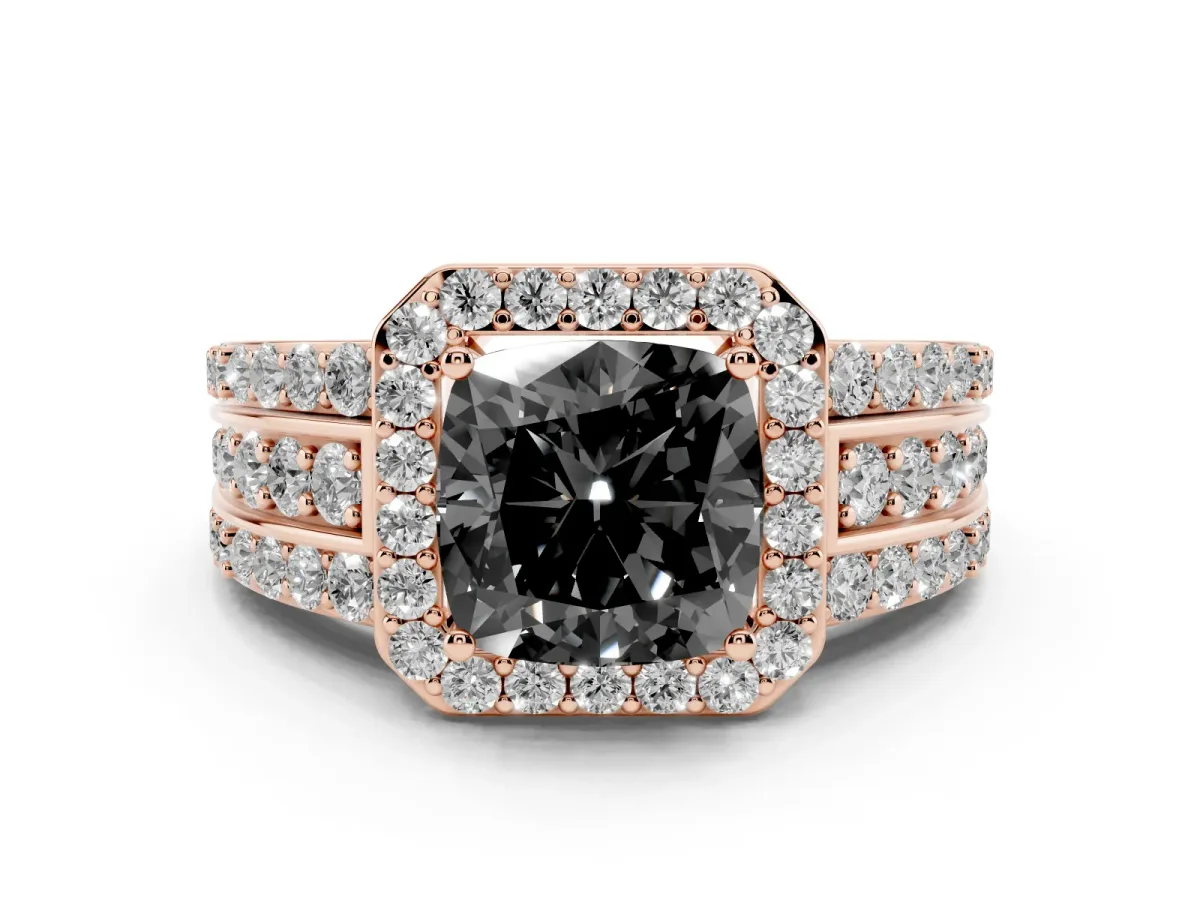 Fancy Black Cushion Cut Halo Diamond Ring with Round Split Shank and Prong Setting Rose gold