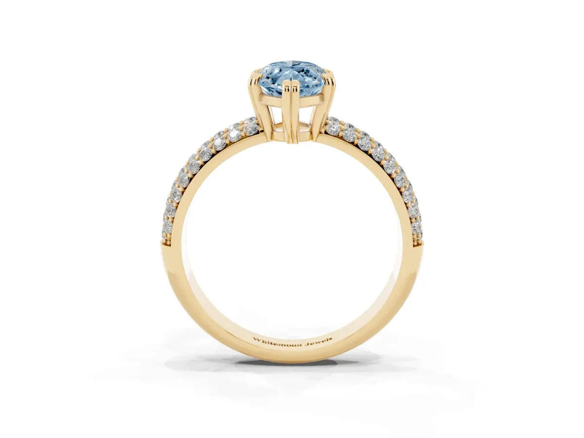 Fancy Blue Marquise Cut Diamond Solitaire Ring with Multi-Row Round Pavé Band and Prong Setting Yellow gold