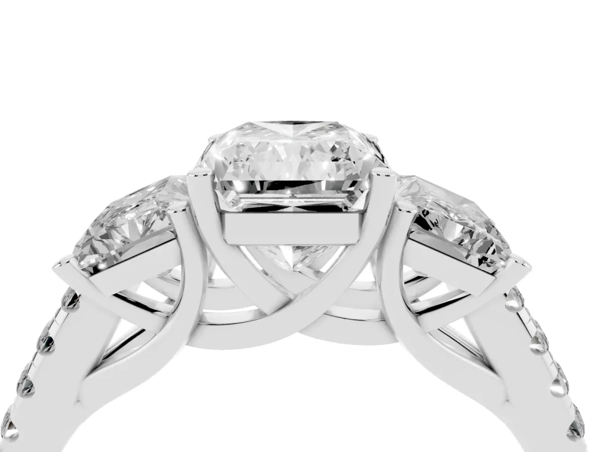 Three-Stone Radiant Cut Diamond Ring with Round Pavé Band and Prong Setting Silver