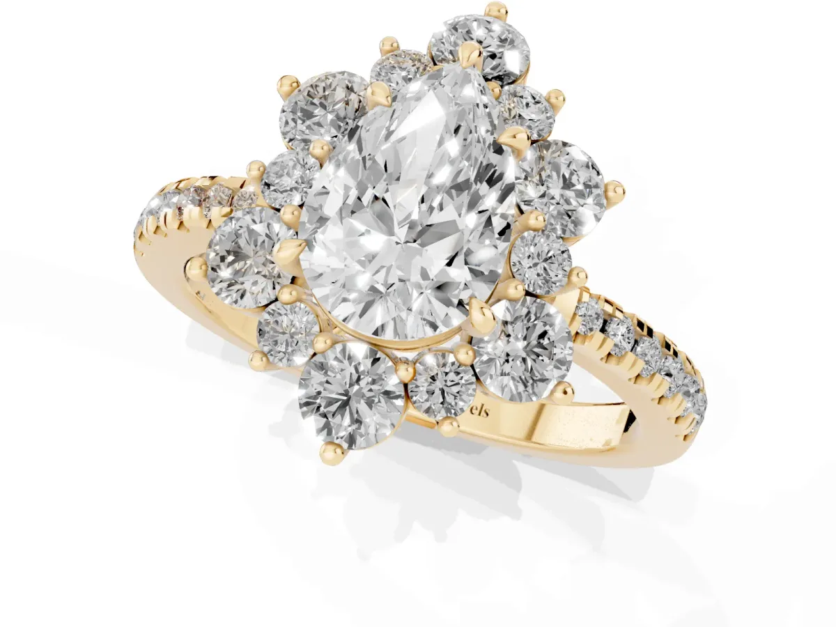 Pear Cut Diamond Floral Halo Ring with Round Pavé Band and Prong Setting Yellow gold