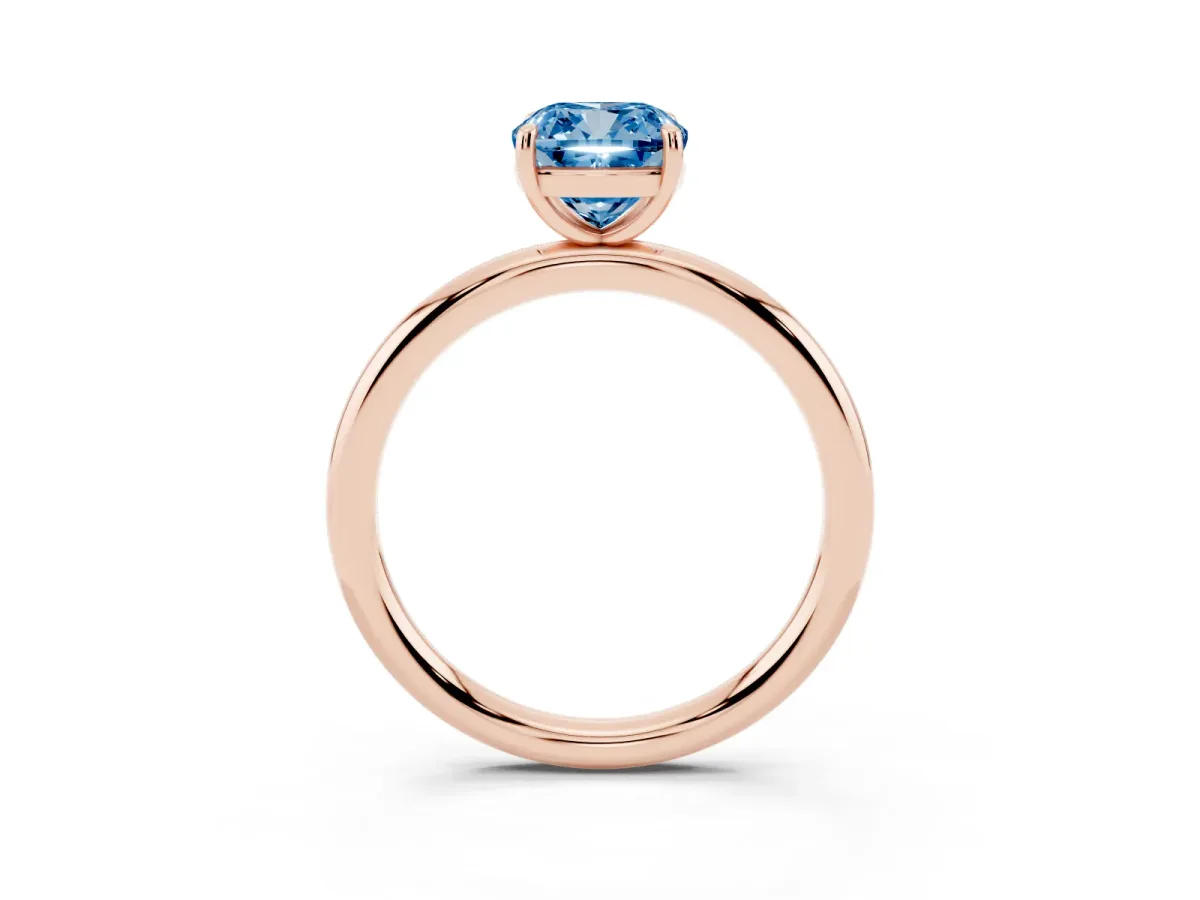 Fancy Blue Cushion Cut Solitaire Diamond Ring with Four-Prong Setting on a Plain Band Rose gold