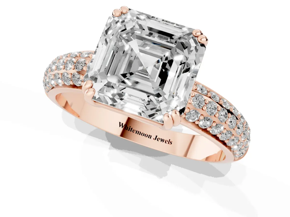 Asscher Cut Diamond Solitaire Ring with Multi-Row Round Pavé Band and Prong Setting Rose gold