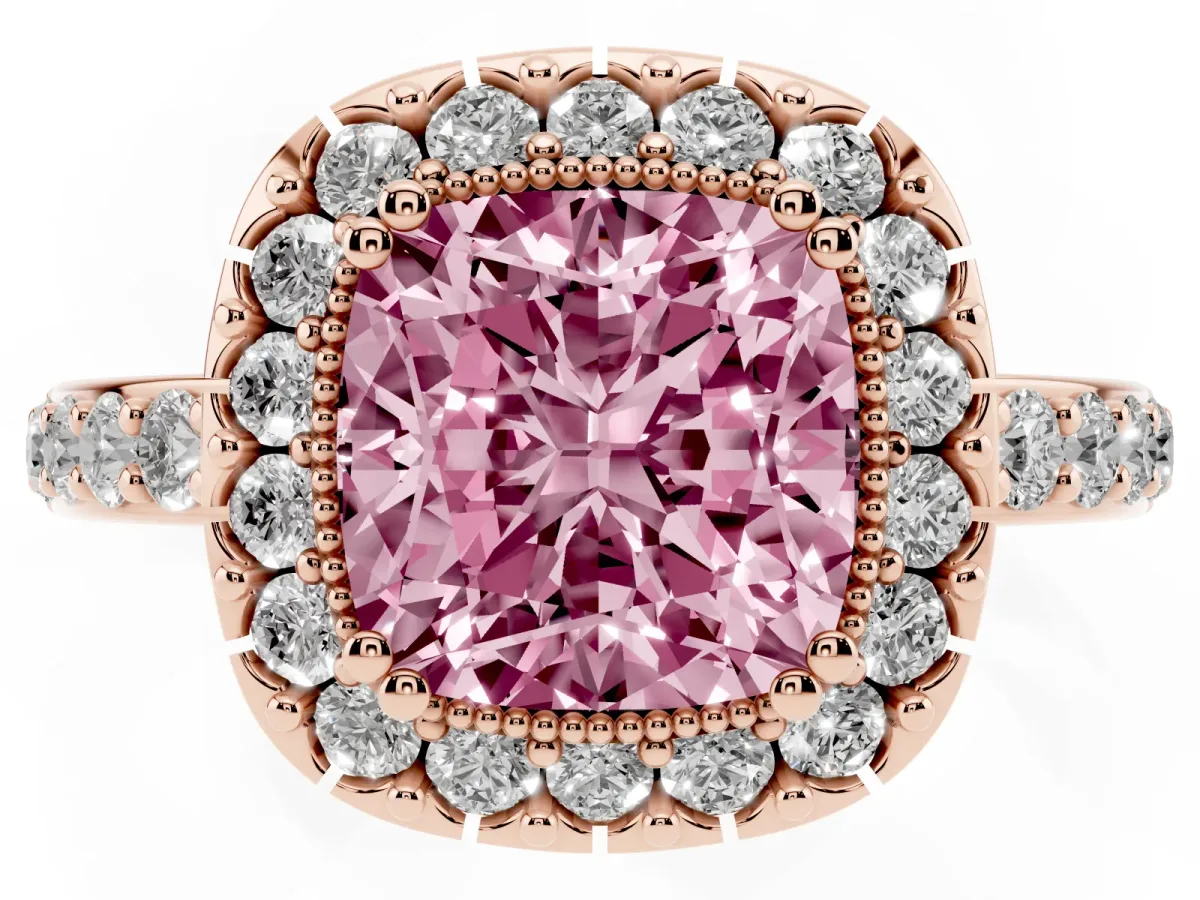 Fancy Pink Cushion Cut Diamond Halo Ring with Pavé Band and Prong Setting Rose gold