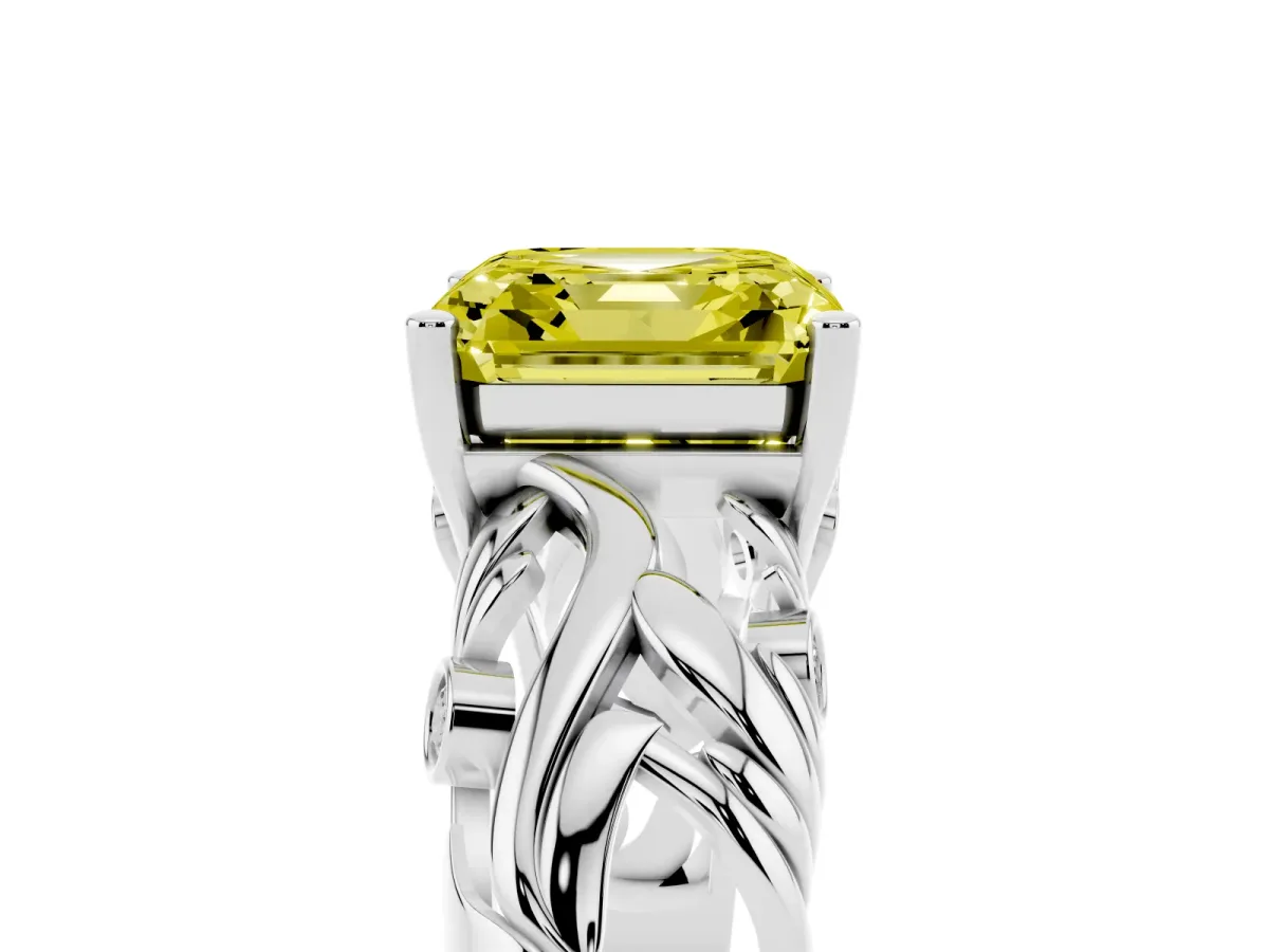 Fancy Yellow Asscher Cut Solitaire Diamond Leaf-Inspired Vine Band Ring with Prong Setting Platinum