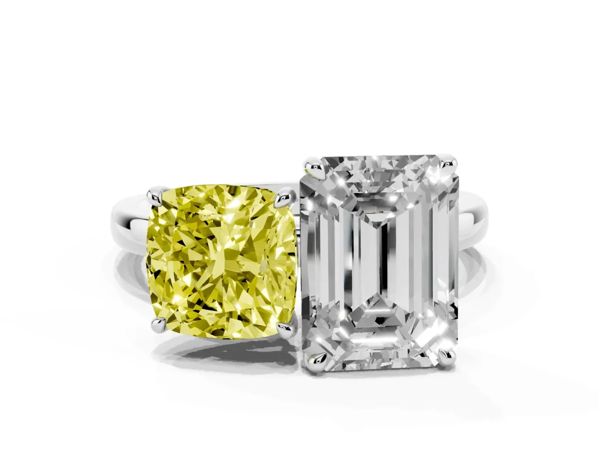 Fancy Yellow Cushion Cut and Emerald Cut Toi Moi Ring with Prong Setting Silver