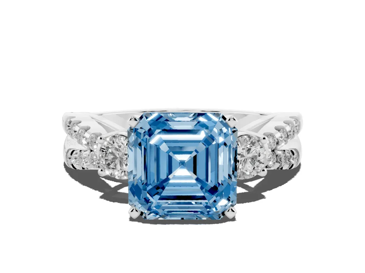 Fancy Blue Asscher Cut Diamond Three-Stone Ring with Pavé Split Shank and Four-Prong Setting Platinum