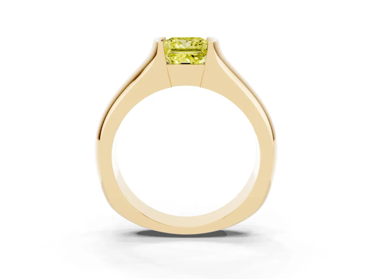 Fancy Yellow Princess Cut Solitaire Bezel Set Diamond Ring with Wide Band Yellow gold