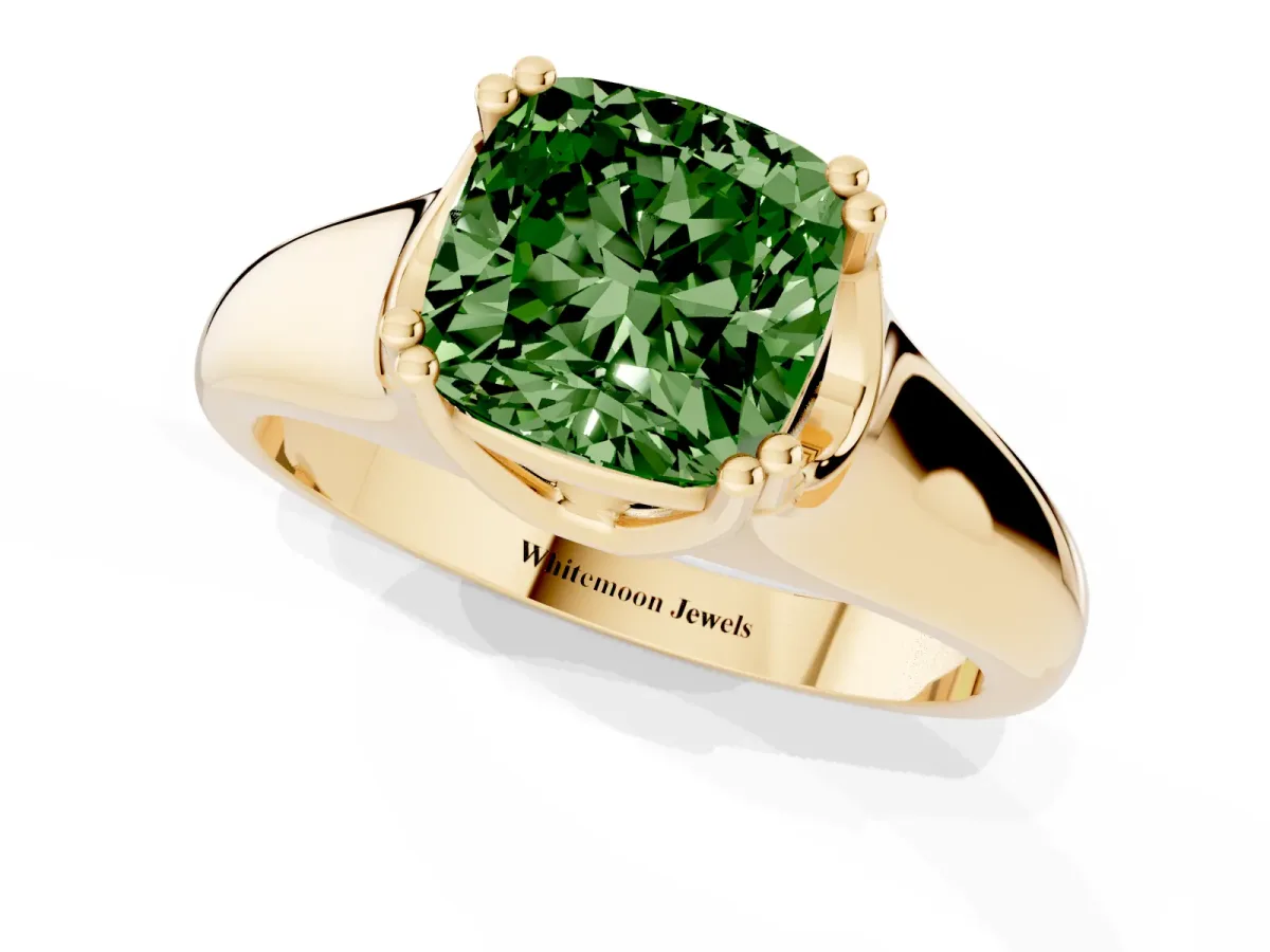 Fancy Green Cushion Cut Diamond Solitaire Ring with Wide Band and Prong Setting Yellow gold
