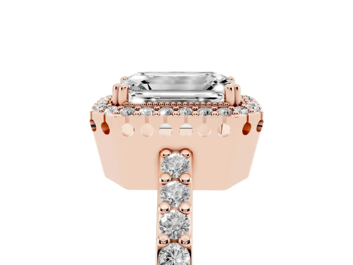 Emerald Cut Cut Diamond Halo Engagement Ring with Milgrain Detail and Pavé Band Rose gold