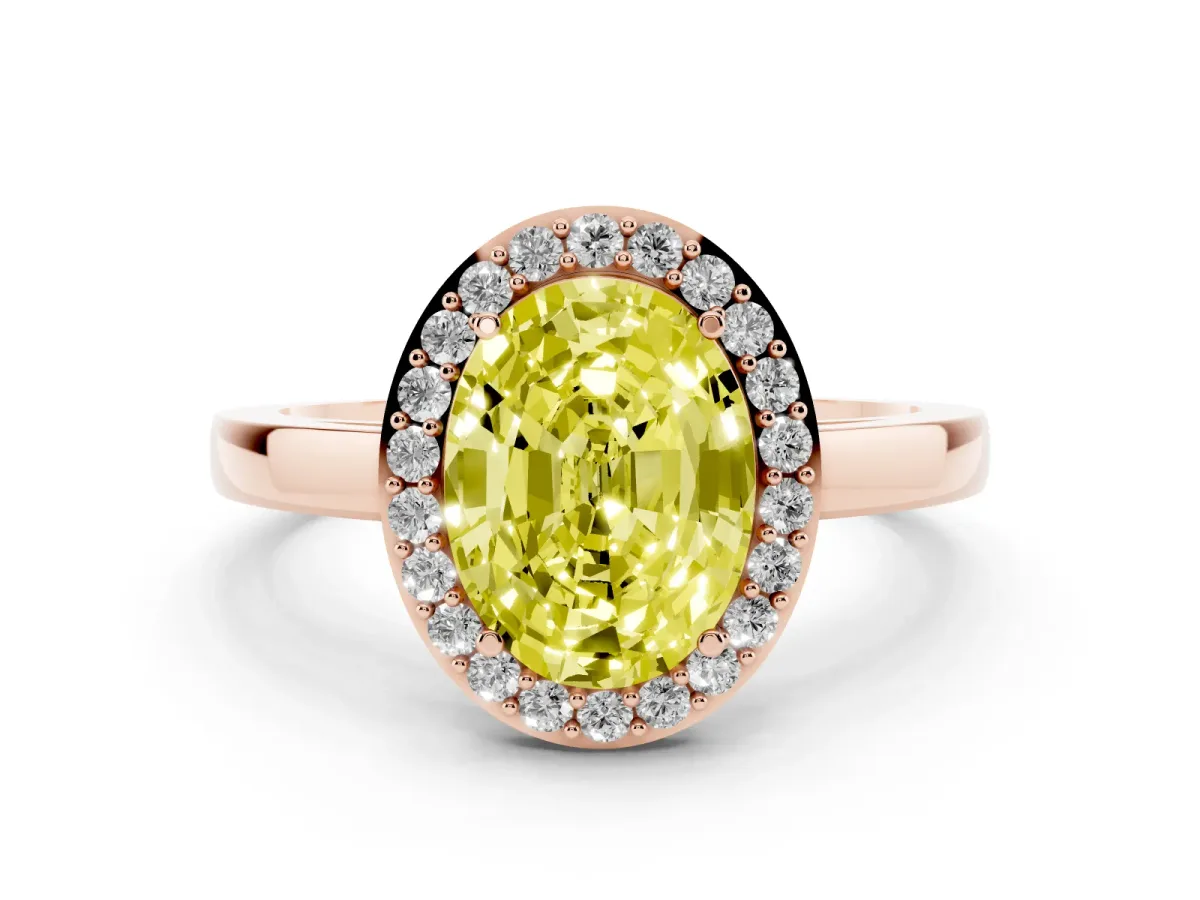 Fancy Yellow Oval Cut Halo Diamond Ring with Solitaire Band and Prong Setting Rose gold