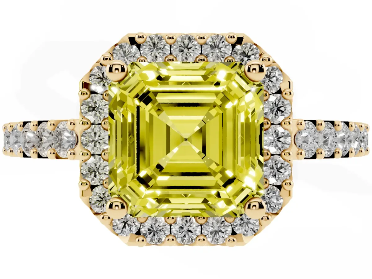 Fancy Yellow Asscher Cut Halo Diamond Pavé Solitaire Ring Yellow gold