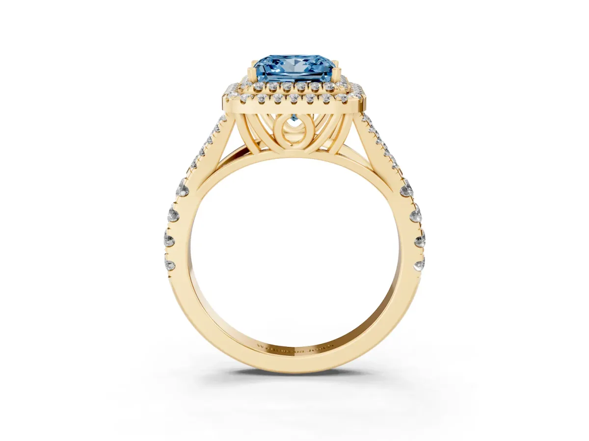 Fancy Blue Double Halo Princess Cut Diamond Split Shank Engagement Ring with Four-Prong Setting Yellow gold