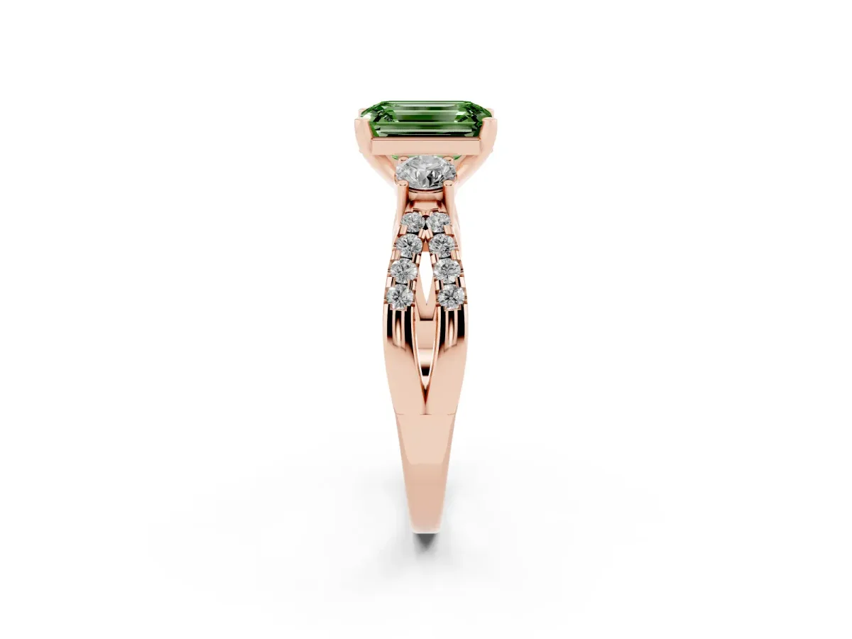 Fancy Green Emerald Cut Diamond Three-Stone Ring with Pavé Split Shank and Four-Prong Setting Rose gold