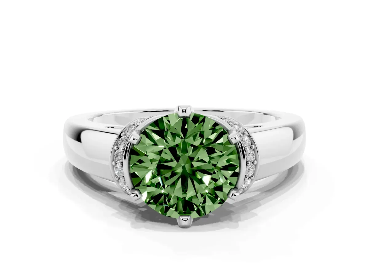 Fancy Green Round Cut Solitaire Diamond Ring with Pave Band and Six-Prong Setting Platinum