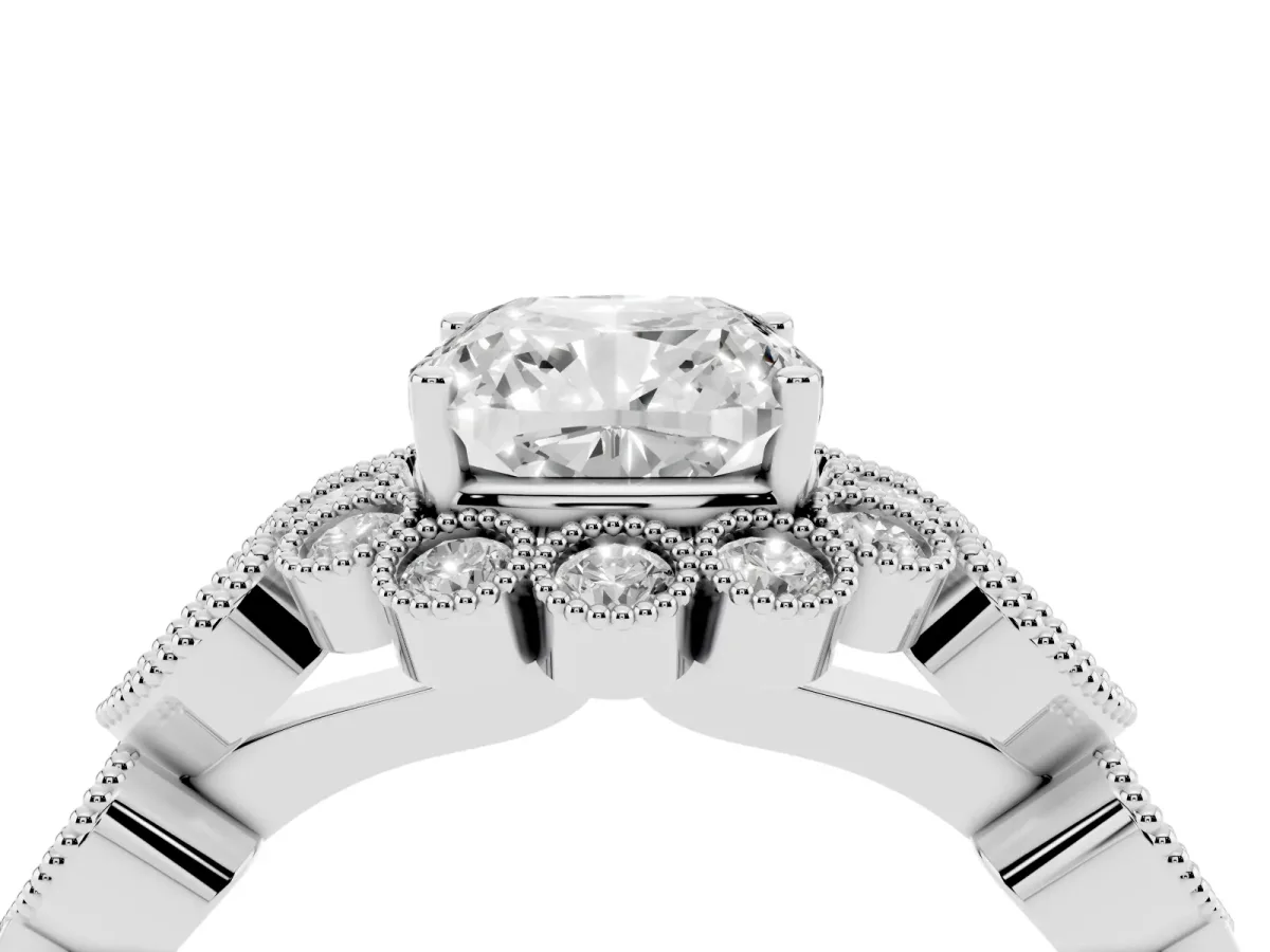 Cushion Cut Brilliant Milgrain Pave Heart Band Solitaire Ring Silver