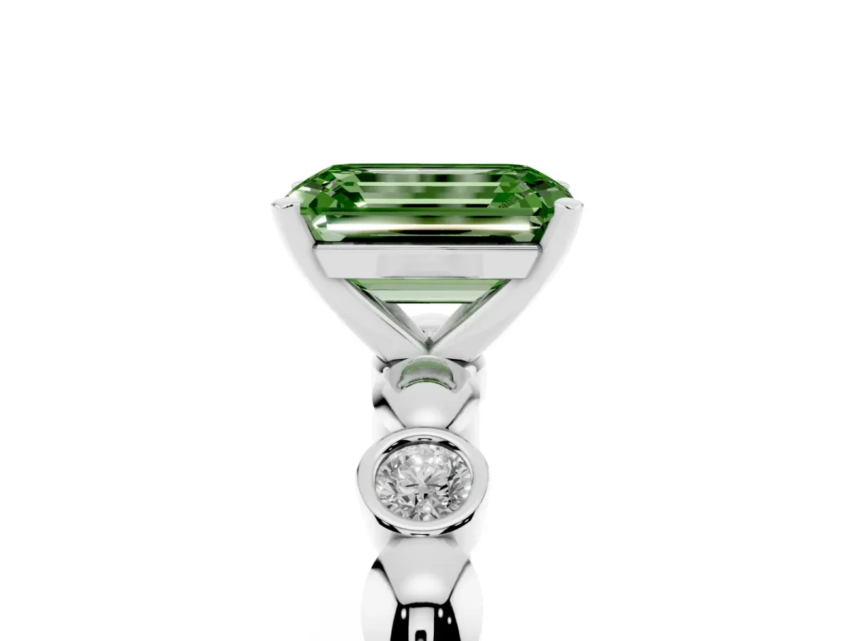 Fancy Green Emerald Cut Solitaire Bezel-Set Diamond Ring with Beaded Band and Four-Prong Setting Silver
