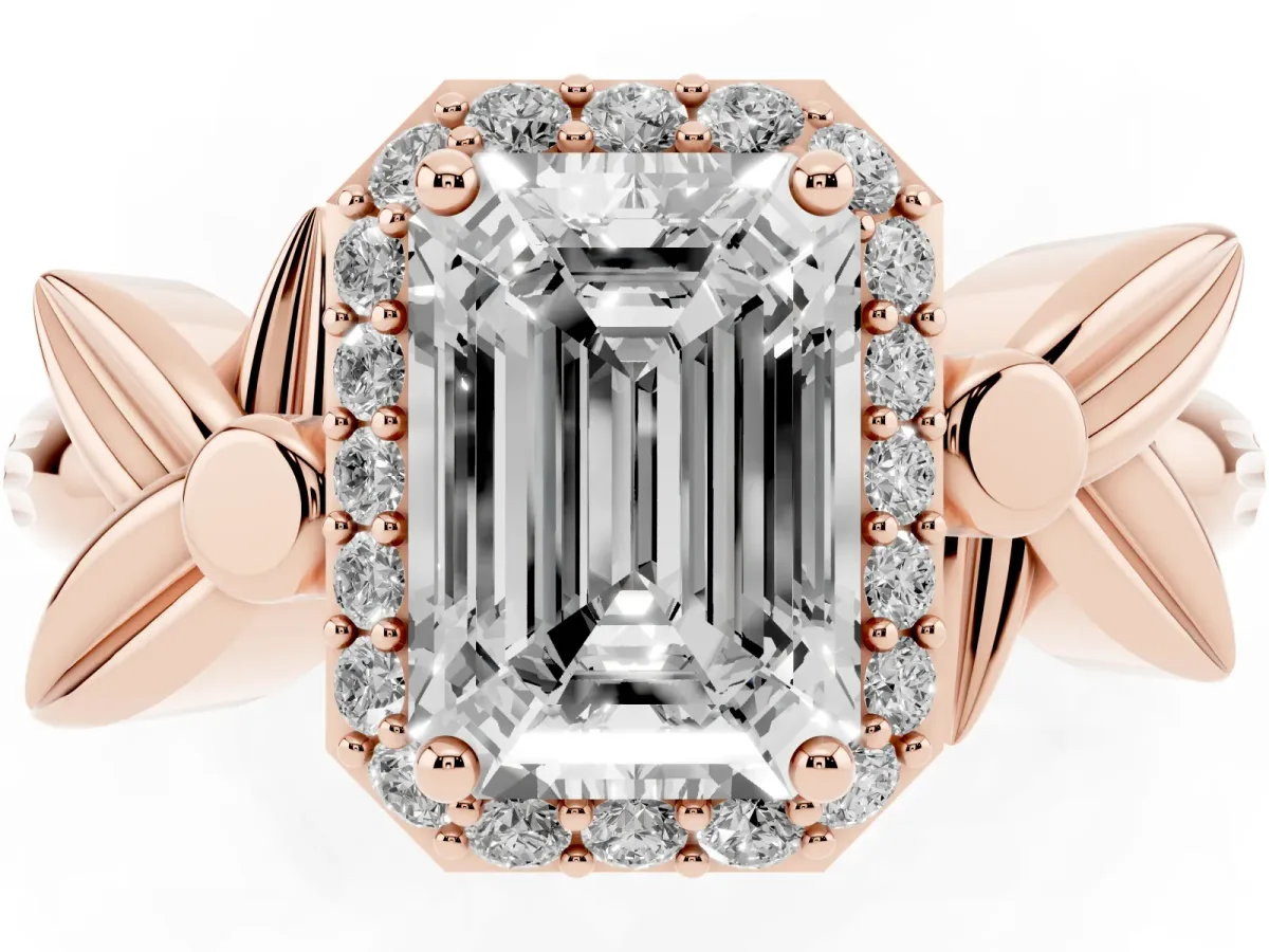Emerald Cut Halo Diamond Floral Band with Four-Prong Setting Rose gold