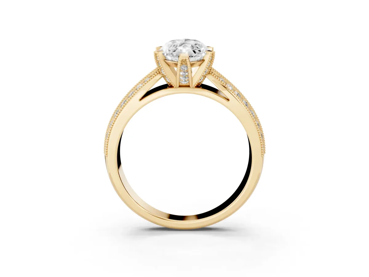 Marquise Cut Diamond Solitaire Ring with Milgrain Round Pavé Band and Prong Setting Yellow gold