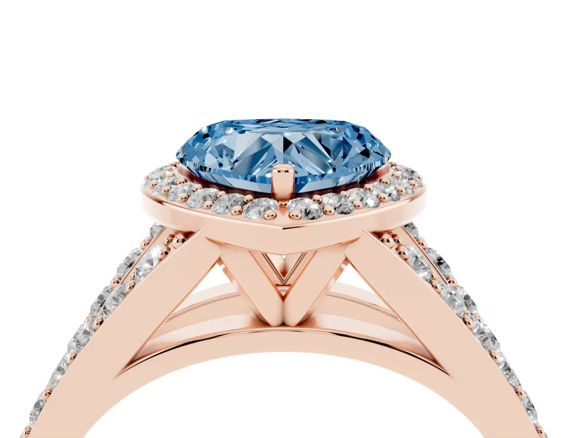 Fancy Blue Heart Cut Diamond Split Shank Halo Ring with Four-Prong Setting Rose gold