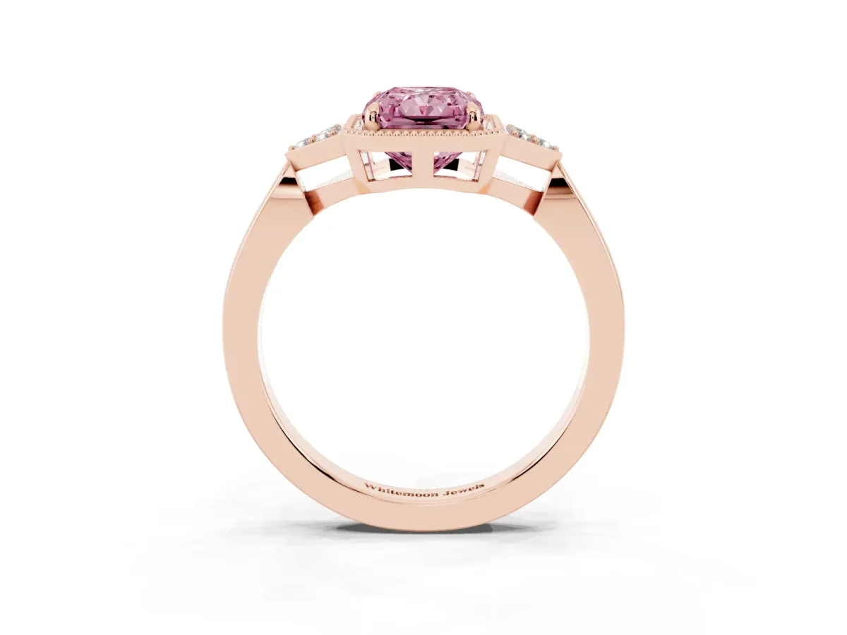 Fancy Pink Radiant Cut Diamond Halo Ring with Tapered Band and Four-Prong Setting Rose gold