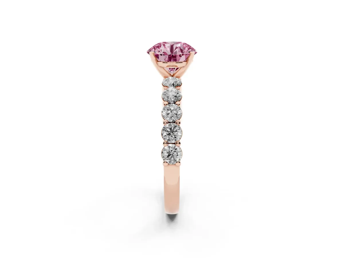 Fancy Pink Round Cut Diamond Solitaire Ring with Shared Prong Round Side Stones Rose gold